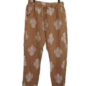 Milio Milano Women Sz L Tan Linen Medallion Print Drawstring Pants Boho Indie